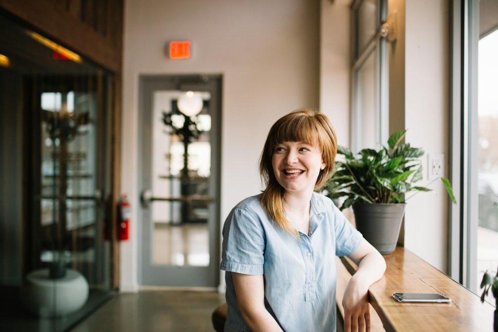 A woman smiling